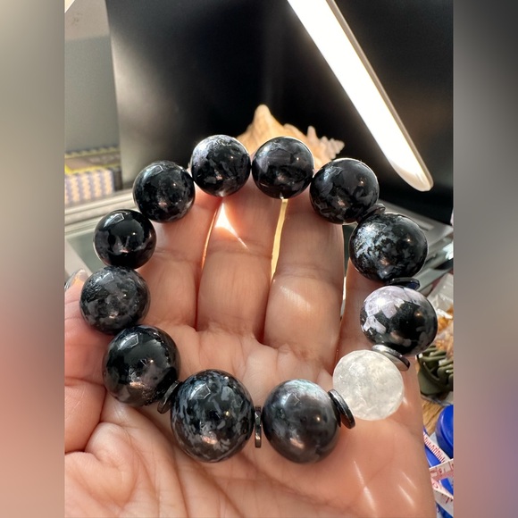 INDIGO GABBRO + GREY RUTILATED QUARTZ   STONES NATURAL BRACELET 7 - Picture 12 of 15